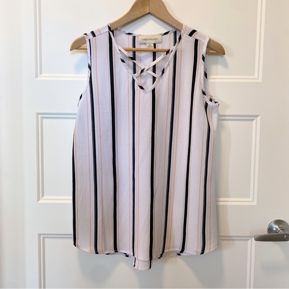 Urbanology NWOT S/M White Sleeveless Blouse w Black & Peach Vertical Stripes - Picture 9 of 9